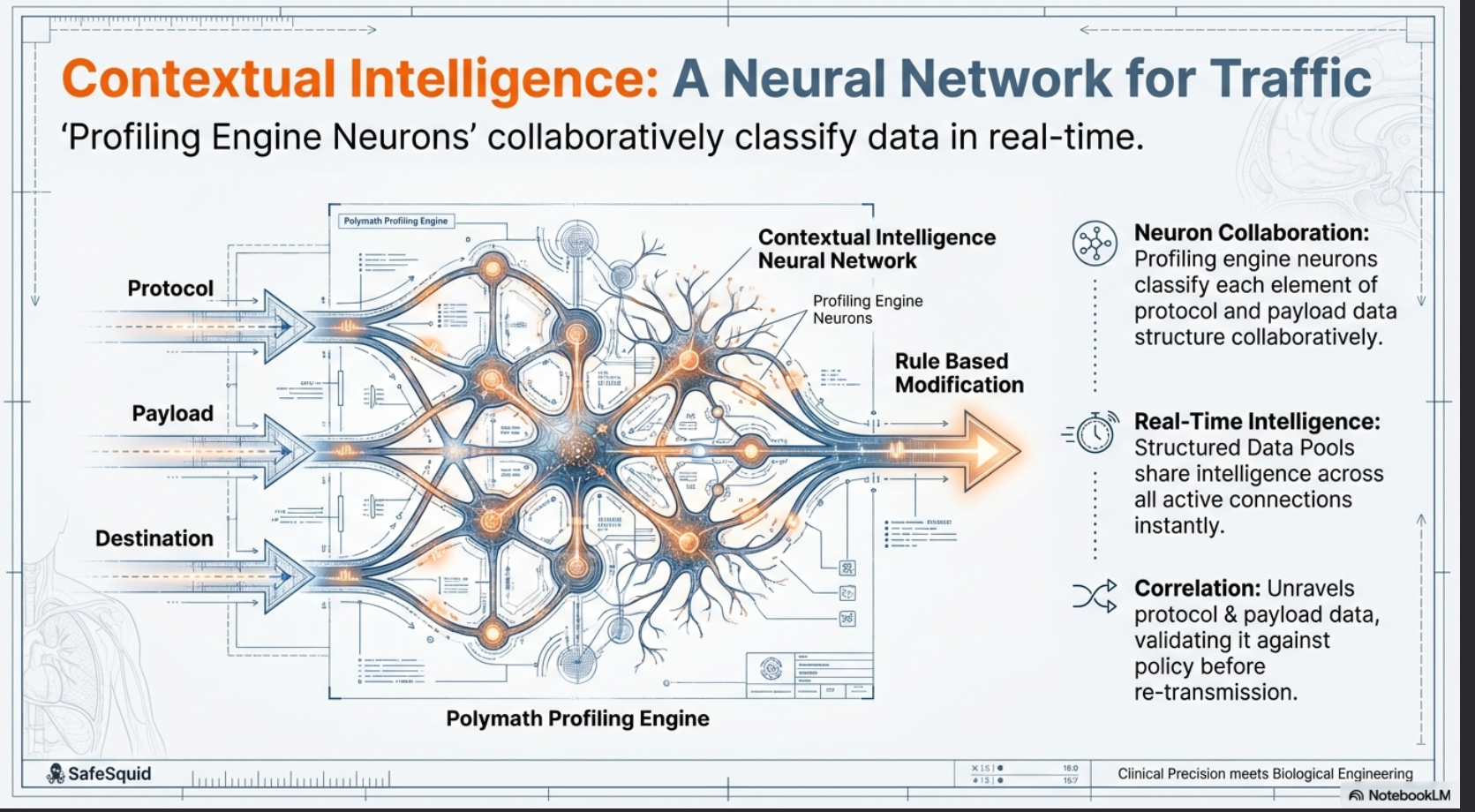 Contextual intelligence neural network — profiling engine neurons classify protocol, payload, and destination data collaboratively in real time.